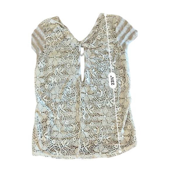 Moa‎ Moa Cream Tan Stripe Feminine Lacy Twist Cap Sleeve Top sz Small - Picture 7 of 11